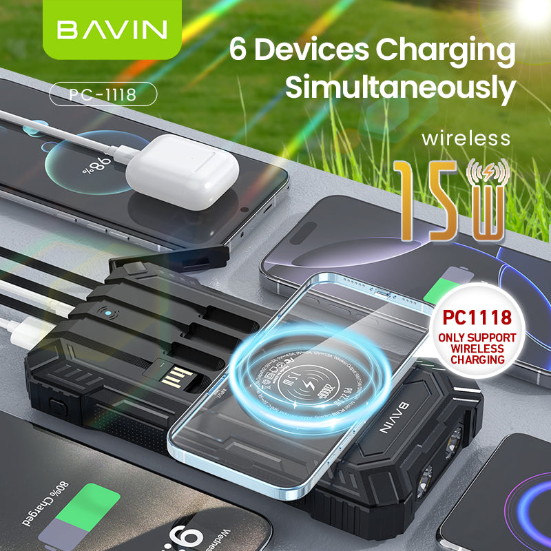 BAVIN Y-PC1118 20000mAh w/ Wireless & Y-PC1198 10000mAh Solar Powerbank 22.5W Fast Charge Built-in Cables & LED Light