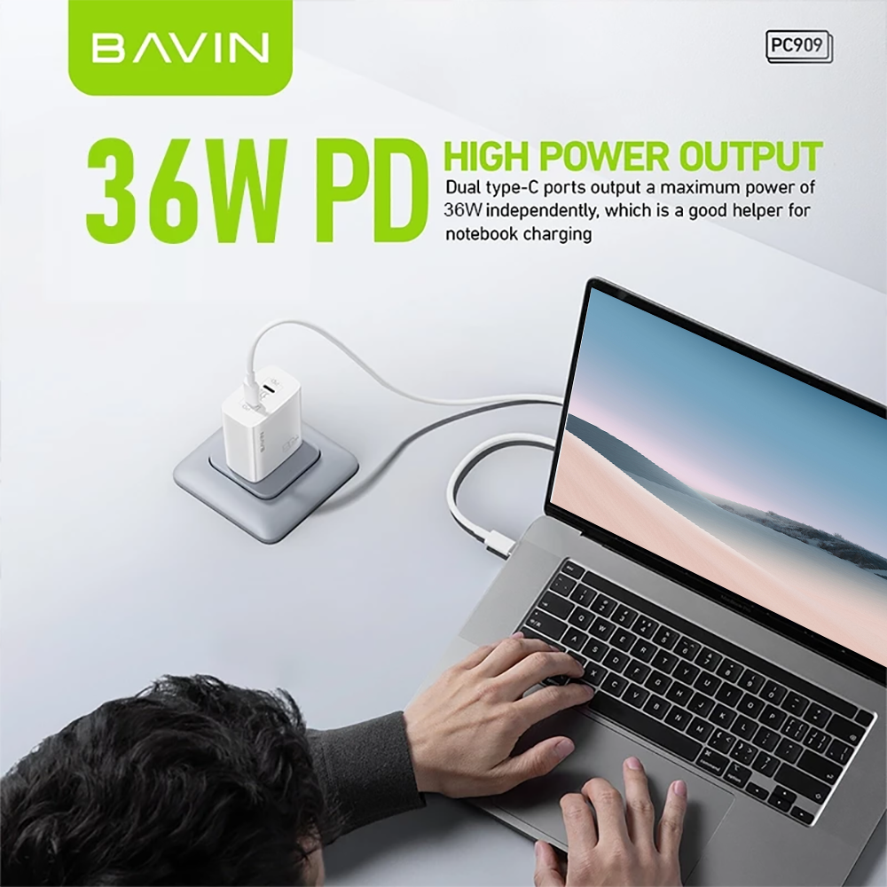 BAVIN PC908 / PC909 36W Dual Port Fast Charging Adaptor USB-C Port + USB Port QC 3.0 for Laptop Supports & iPhone 17