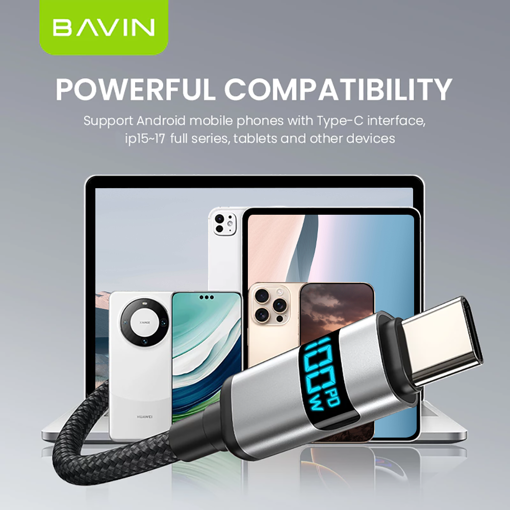 BAVIN CB368 100W PD Super Fast Charging Nylon Braided Data Cable w/ Digital Power Display For Laptop & Phones