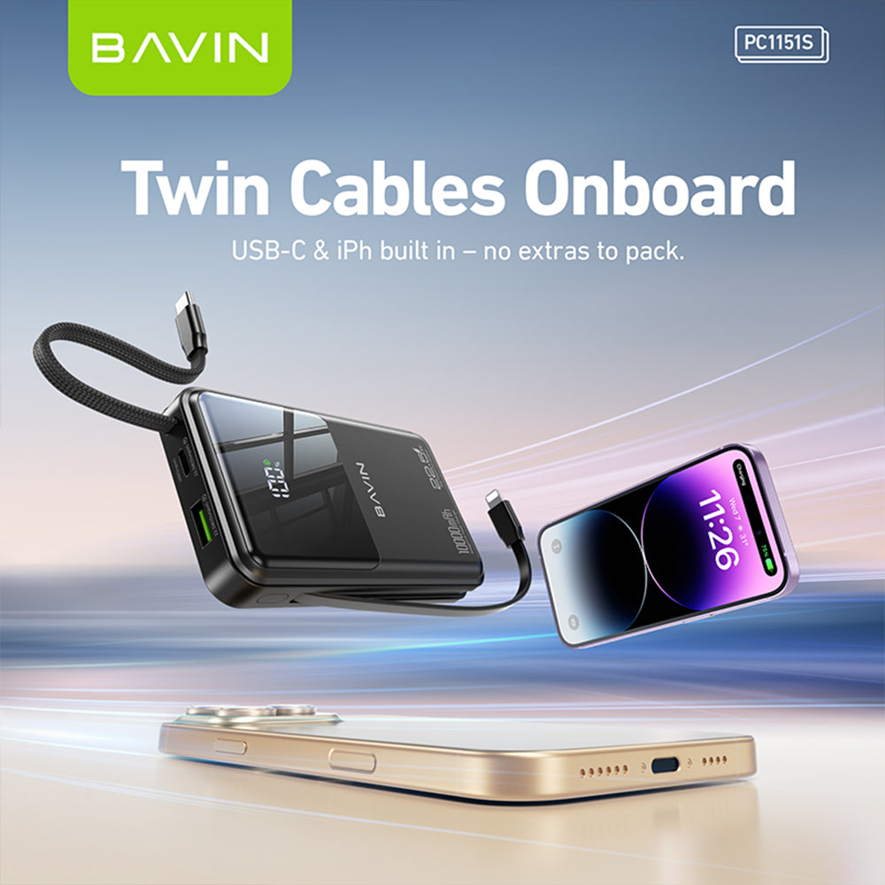 BAVIN PC1151 10000mAh Powerbank w/ 22.5W Triple Fast Charging Built-in Type-C & iPhone Cables | Smart LED Display