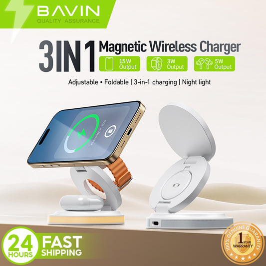 BAVIN Y-PC1181 3-in-1 Magnetic Wireless Charger 15W Fast Charging Dock for Phone / Watch / Earbuds Foldable w/ LED Light
