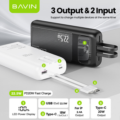 BAVIN PC008 10000mAh / PC007 20000mAh 22.5W Fast Charging Powerbank w/ Built-in Cable & LED Display