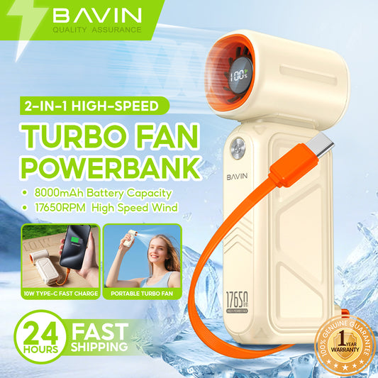 BAVIN BF-015 2-in-1 Handheld Mini Turbo Fan 17650RPM Rechargeable & 8000mAh Powerbank w/ 5-Speed Adjustable, LED Display
