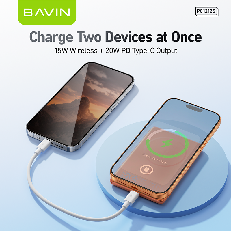 BAVIN PC1212 5000mAh 15W Fast Charging Magnetic Powerbank w/Smart TFT Display+Ultra Thin for iPhone 15-17