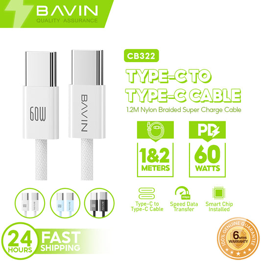 BAVIN U-CB322 60W PD Fast Charging Cable | Nylon Braided Type-C to Type-C Data Cable 1m/2m for Laptop & Mobile Phone
