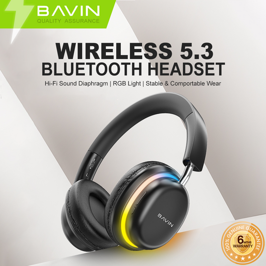 BAVIN HB-BH53 Wireless Comfort Headphones w/Hi-Fi Sound Bluetooth Strong Bass Built-In Microphone & Silicone Band
