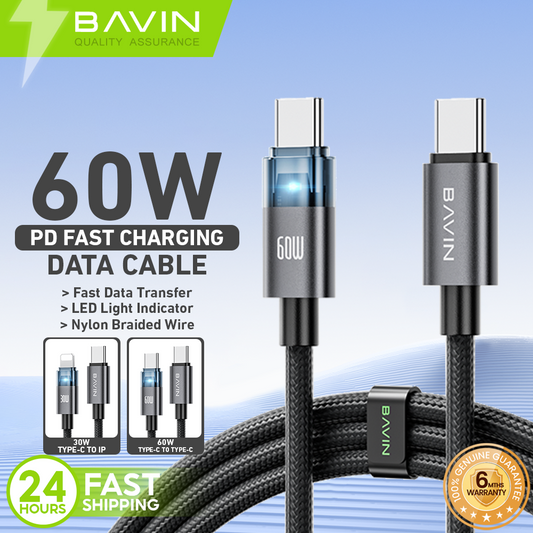 BAVIN U-CB399 60W Fast Charging & Data Cable w/ Type-C to Type-C & Type-C to iPhone Supports Laptop, Smartphones