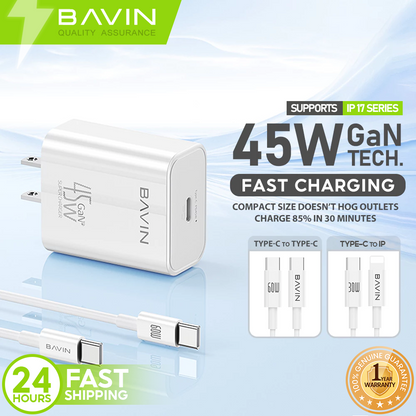 BAVIN PC2066 45W GaN PD Fast Charger w/ Type-C to iPh & Type-C to Type-C Cables for Smartphones (Supports iPh17 Series)
