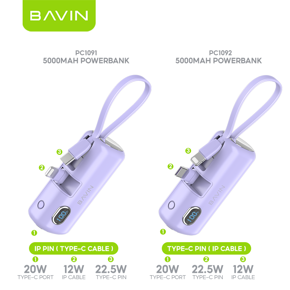 BAVIN PC1091S 5000mAh / PC1201S 10000mAh Mini Fast Charging Powerbank 22.5W USB-C Input/Output, Built-in Cable & Stand