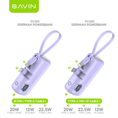 BAVIN PC1091S 5000mAh / PC1201S 10000mAh Mini Fast Charging Powerbank 22.5W USB-C Input/Output, Built-in Cable & Stand