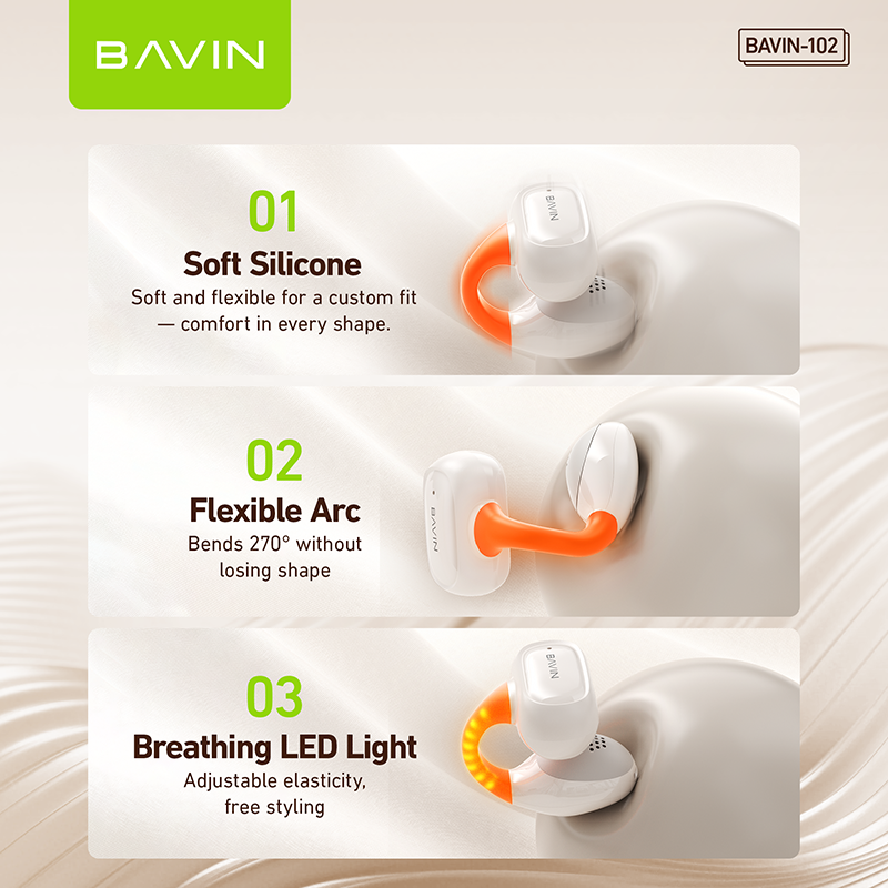 BAVIN HB-BA-102 Open-Ear TWS Bluetooth Earbuds w/ LED Light, Touch Controls, AI Voice Assistant & Translation