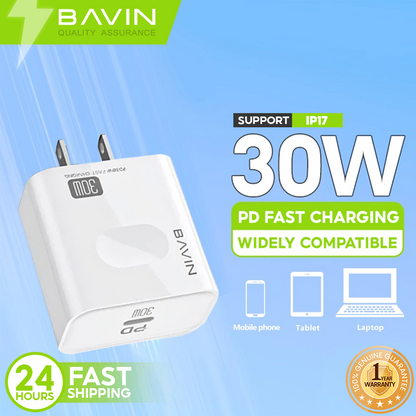 BAVIN PC818 30W PD Fast Charging Universal Wall Charger Type-C Compatible for iPhone 12-17 Series & Android Devices