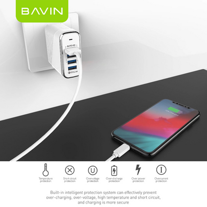 BAVIN C-PC522 18W QC 3.0 Fast Charging Multi-Port USB Wall Charger Adapter for iP & Android Devices