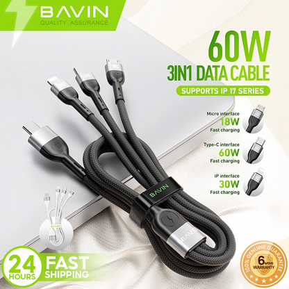 BAVIN CB236 3-in-1 60W 30W 18W Fast Charging Nylon Braided & Data Transfer Cable for iPh & Android (Supports 17 Series)