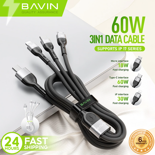 BAVIN CB236 3-in-1 60W 30W 18W Fast Charging Nylon Braided & Data Transfer Cable for iPh & Android (Supports 17 Series)