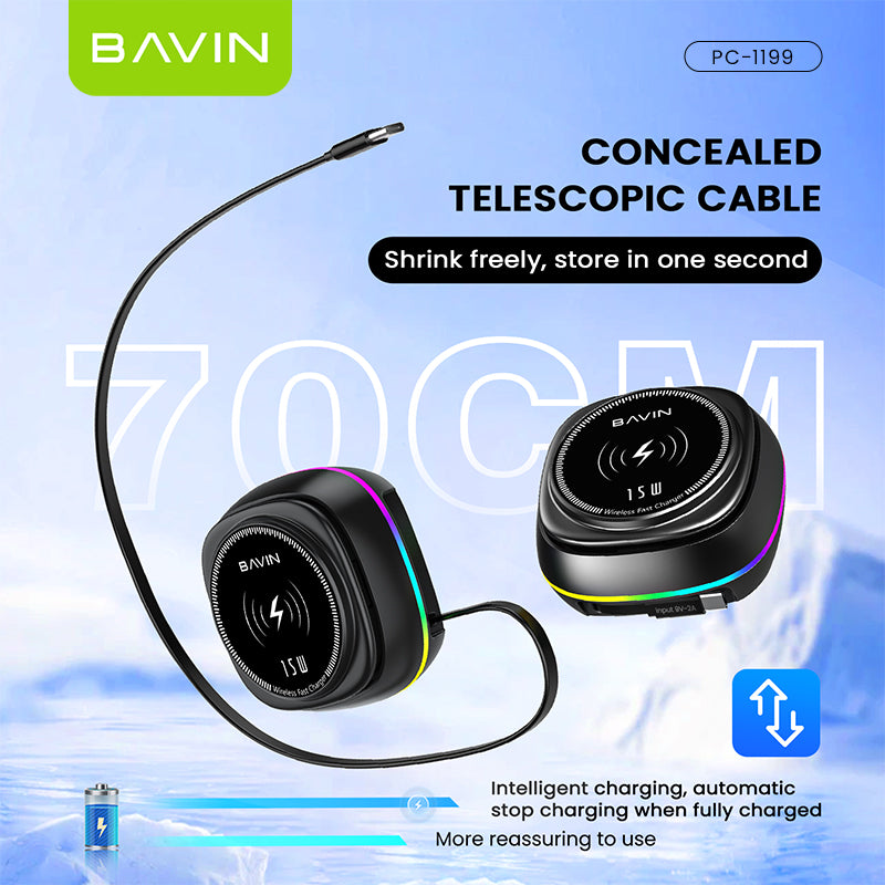 BAVIN C-W-PC1199 3in1 Magnetic Wireless Charger 15W Retractable Type-C Input & Foldable Stand for Phone Watch & Earbuds
