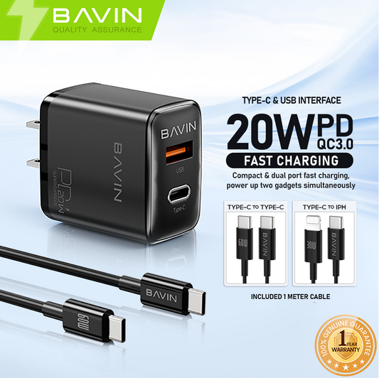 BAVIN C-PC2003 PD 20W Dual Port Fast Charger USB & Type-C w/ High-Speed USB-C Cable for iPh & Android