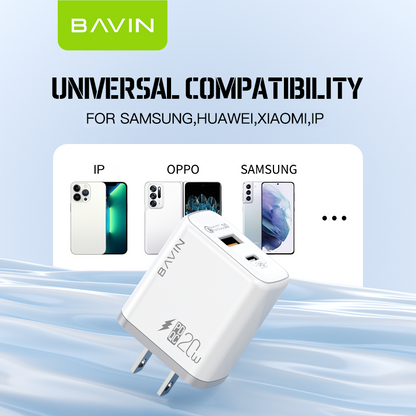 BAVIN PC828 / PC827 20W PD Fast Charging Charger Dual Type-C & USB Port Adapter for iPhone 16 Series