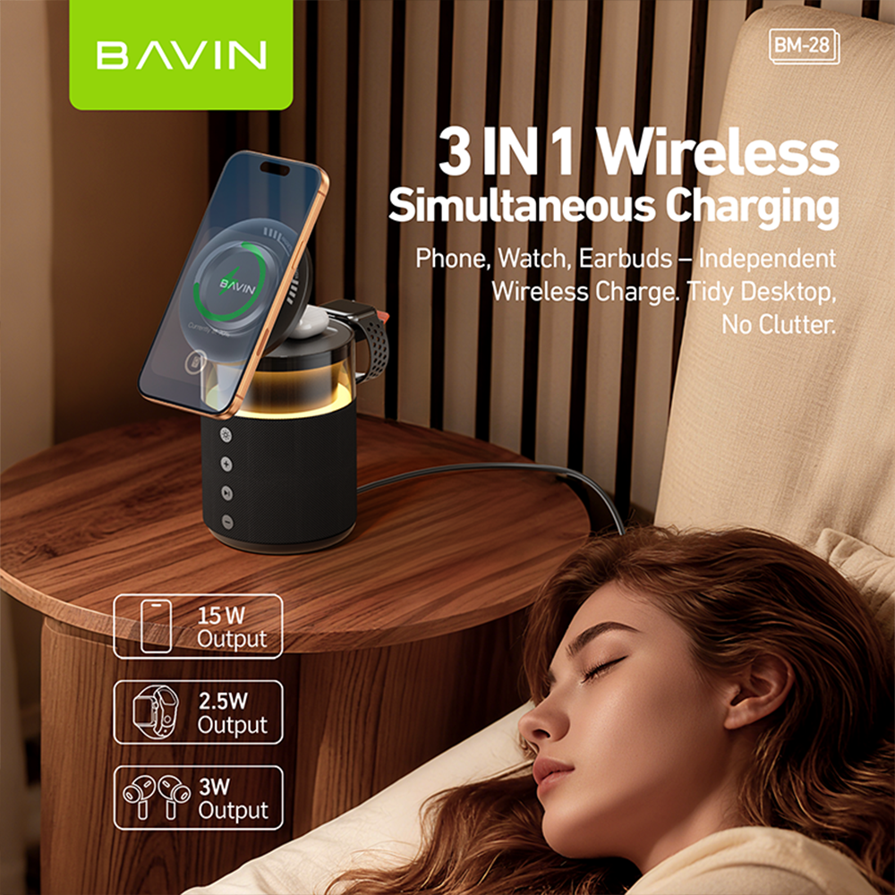 【Christmas Gift】BAVIN BM28 5in1 Multi-function Bluetooth Speaker w/15W Magnetic Wireless Fast Charging