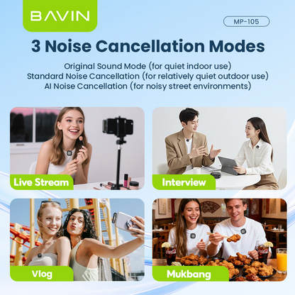 BAVIN MP105 Dual Wireless Microphone 50m Range, Plug & Play w/ 3-Mode Noise Cancellation, Case & LED for Type-C/ iPhone