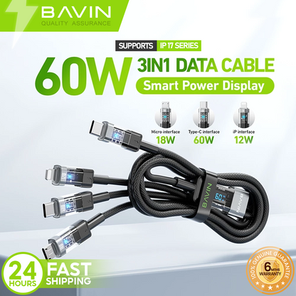 BAVIN CB319 60W PD Fast Charging Cable 3 in 1 Type-C / USB Nylon Braided w/ LED Indicator for iPhone 16