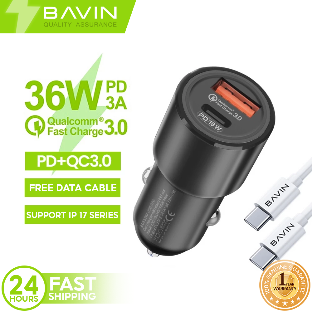 BAVIN PC329 36W Max PD Type-C + USB QC.30 Dual Port Fast Car Charger Set w/ 1m Cable Suitable for Android & iPhone 17