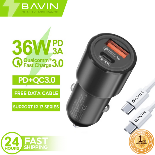 BAVIN PC329 36W Max PD Type-C + USB QC.30 Dual Port Fast Car Charger Set w/ 1m Cable Suitable for Android & iPhone 17
