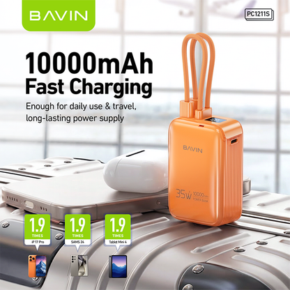 BAVIN PC1211S Portable 10000mAh 35W Fast Charging Powerbank Built-in Type-C & iPhone Cable｜LED Display