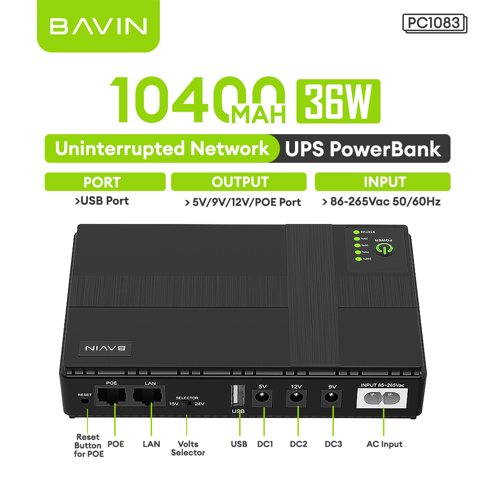 BAVIN PC1083 36W 10400mAh/PC1082 18W 8800mAh Mini UPS Powerbank Uninterrupted Backup Battery Supply