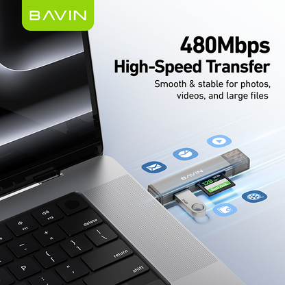 BAVIN O92 3-in-1 USB2.0 Portable Card Reader TF + SD + USB OTG w/480Mbps For Laptop, Smartphone, Tablet & OTG Supported