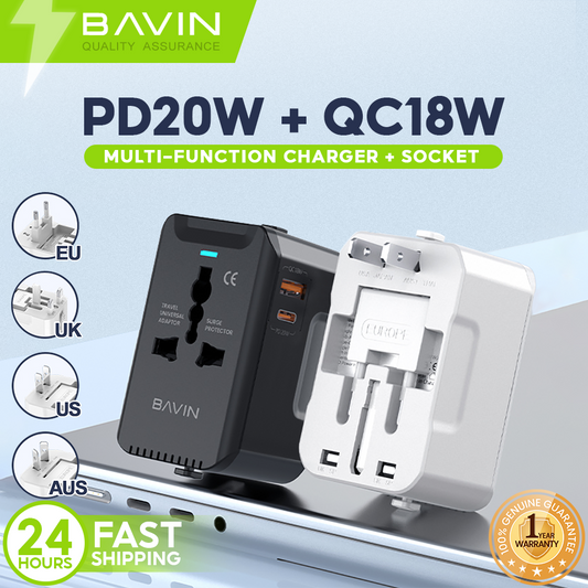 BAVIN PC2111 Universal Travel Adapter 20W Fast Charger USB-A + Type-C + QC | Multi-Port Plug w/LED Light