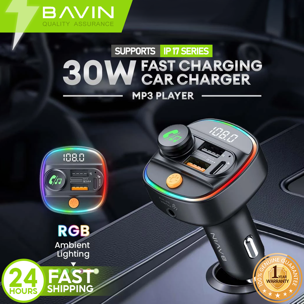 BAVIN C-C-PC2012 30W PD & QC 3.0 Car MP3 Player Fast Charger w/RGB Light & Dual USB for iPh & Android (Supports 17 Series)