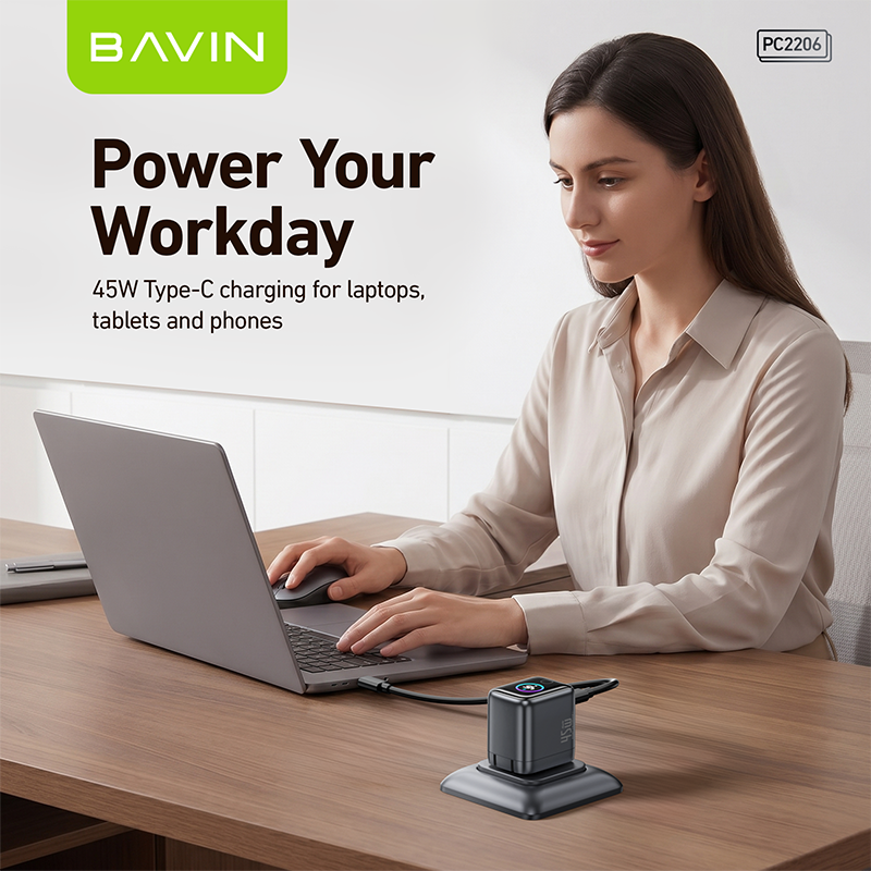 BAVIN PC2206 Mini 45W PD GaN Fast Charger Wall Adapter w/Smart Display+Foldable Plug for iPhone17/Laptop