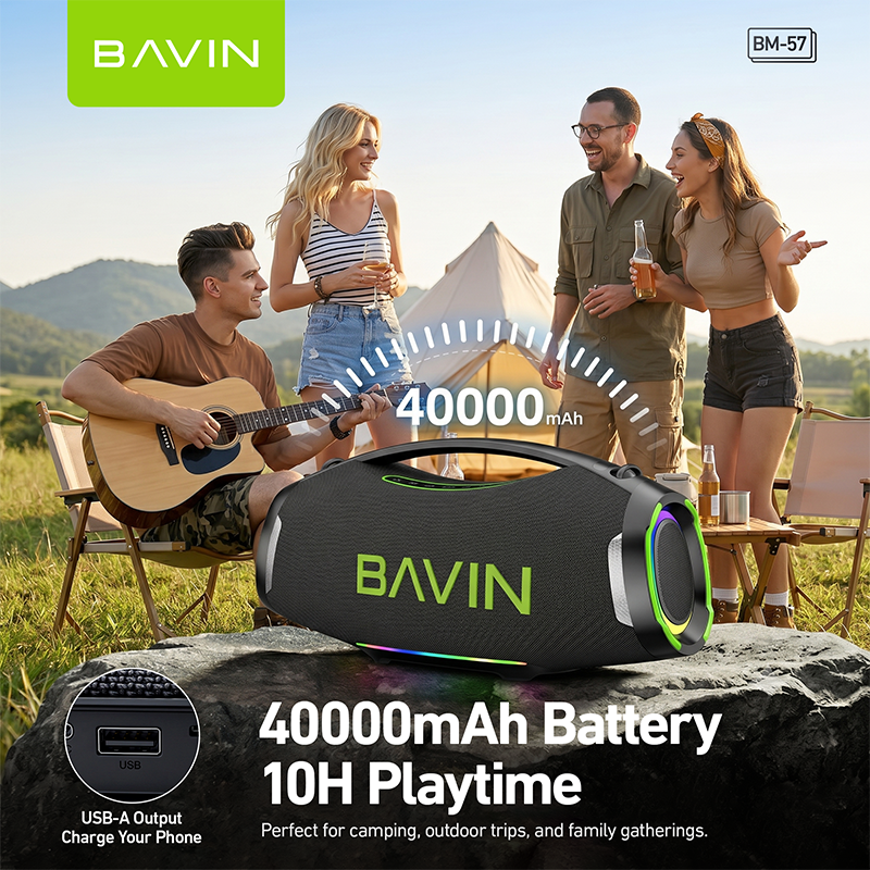 BAVIN BM57 450W Party Speaker 40000mAh Bluetooth 5.3 Speaker with 2 Wireless Microphones & LED Light