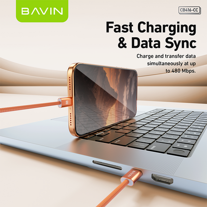 BAVIN CB416 Fast Charging PD 60W Braided 1M Data Cable Type-C to Type-C/Type-C to iPhone|480 Mbps Compatible with iPhone 15-17 & Type-C Devices