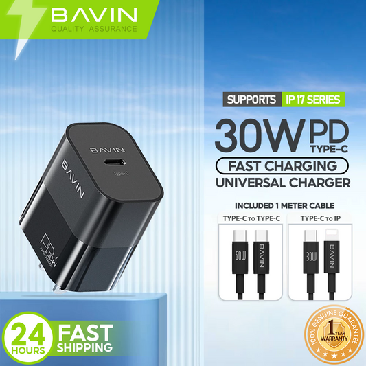 BAVIN C-PC916 30W PD Fast Charging Wall Charger w/ 1 Meter Cable for iPhone & Android (Supports 17 Series)