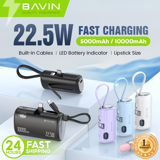 BAVIN PC1091S 5000mAh / PC1201S 10000mAh Mini Fast Charging Powerbank 22.5W USB-C Input/Output, Built-in Cable & Stand