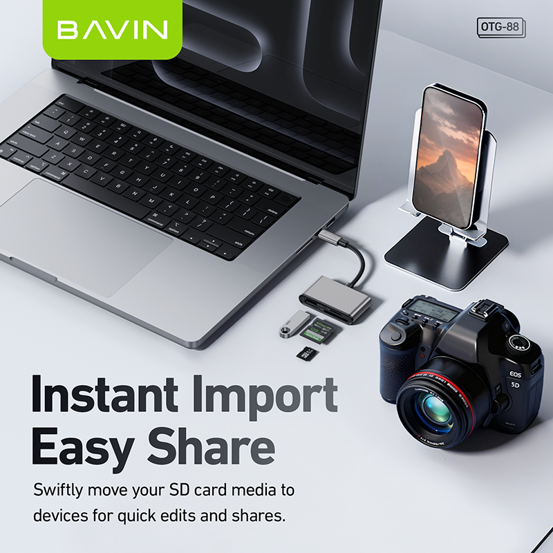 BAVIN O88 OTG 3in1 Card Reader Adapter for USB/TF/SD Card w/480Mbps Data Transfer for Laptop, Phones