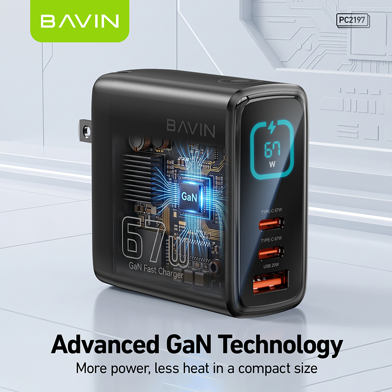 BAVIN PC2197 67W PD GaN Fast Charger w/ Smart LED Display + Foldable Plug + 3 USB Ports for Laptop, iPhone 17