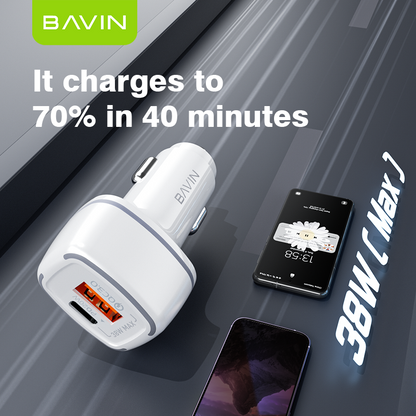 BAVIN PC876 38W Fast Charging PD QC 3.0 Dual Port Car Charger USB-C + USB-A For iPhone 17 series / Android