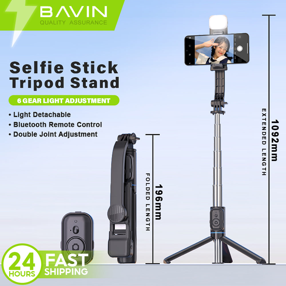 【Christmas Gift】BAVIN P11 Portable Wireless Bluetooth Selfie Stick Tripod Foldable Stand w/ Light