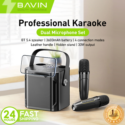 BAVIN DV-BM20 Professional Karaoke Bluetooth 5.0 Portable Speaker w/ Dual Microphones & Phone Stande
