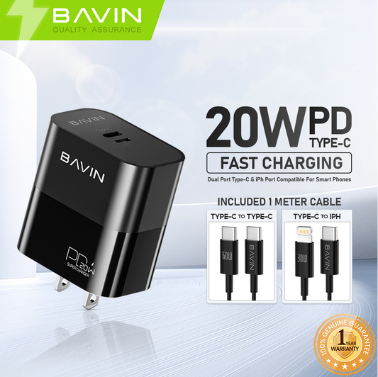 BAVIN C-PC985-XX 20W PD Fast Charger Dual Port Type-C & iPh High-Speed Charging+Cable
