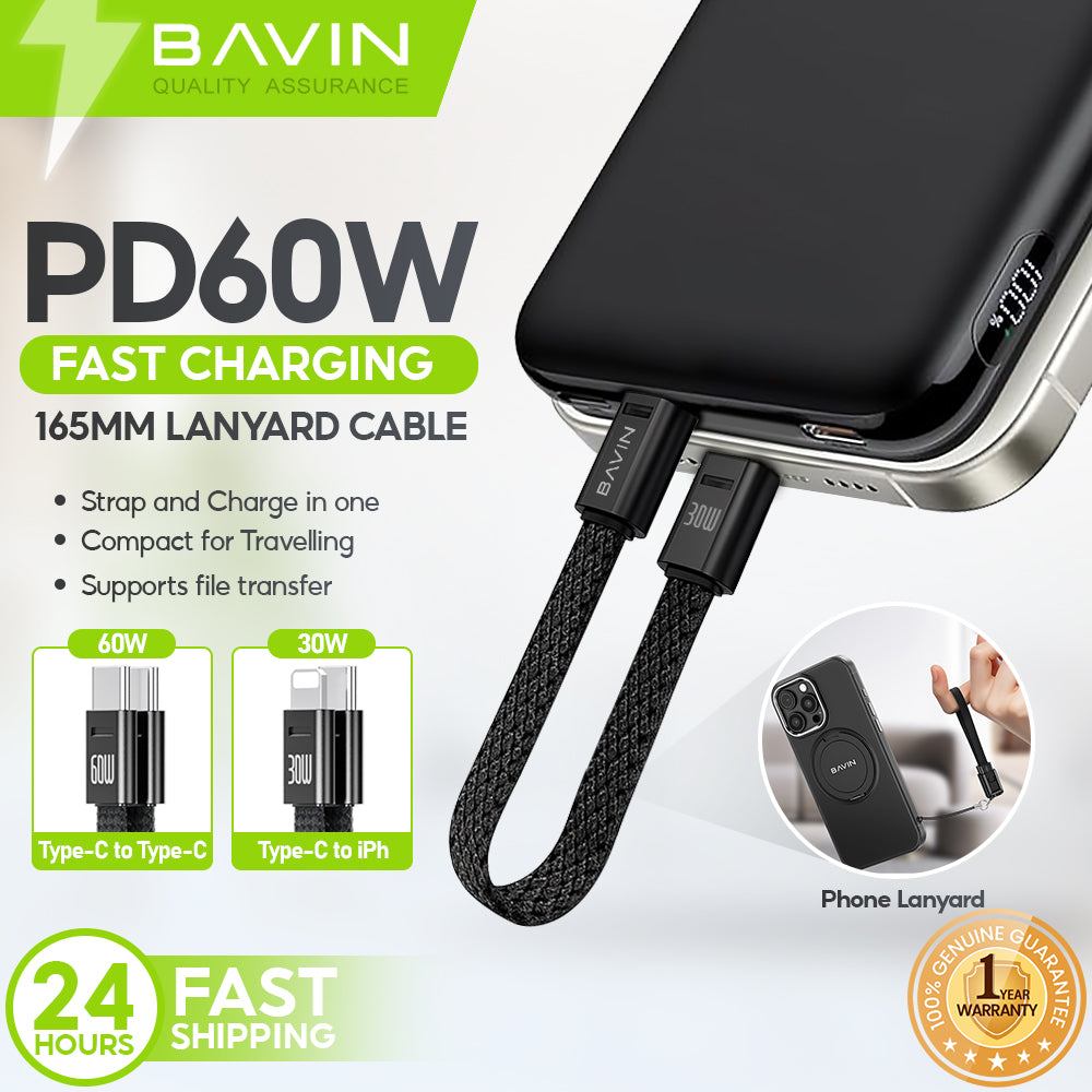 BAVIN U-CB396 60W PD Mini Fast Charging Lanyard Data Cable Type-C to Type-C & Type-C to iPh for Phone & Powerbank