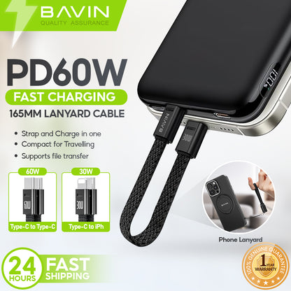 BAVIN U-CB396 60W PD Mini Fast Charging Lanyard Data Cable Type-C to Type-C & Type-C to iPh for Phone & Powerbank