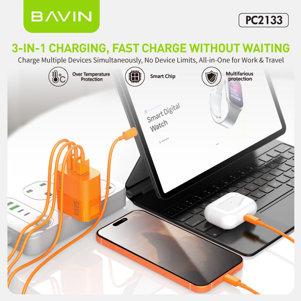 BAVIN PC2133 3in1 67W GaN Fast Charging Charger Dual Type-C + USB Ports w/ 1m Cable for Laptop, Phones