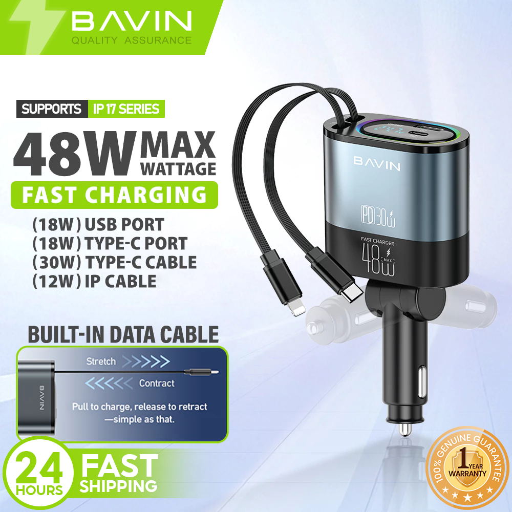BAVIN PC2083 4-in-1 48W Fast Charging Car Charger with Retractable Cables for iPhone & Android (Supports 17 Series)