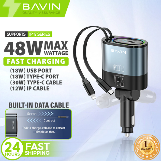 BAVIN PC2083 4-in-1 48W Fast Charging Car Charger with Retractable Cables for iPhone & Android (Supports 17 Series)