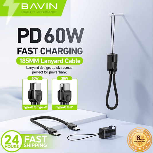 BAVIN CB411 Portable PD 60W Fast Charging 18.5cm Data Cable | Type-C to C / Type-C to iPhone | Lanyard Design Durable