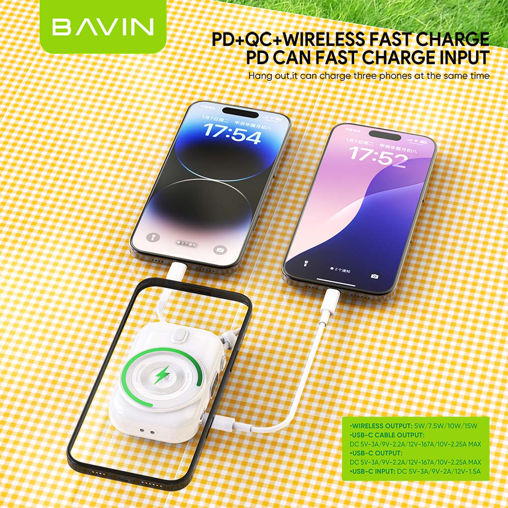 BAVIN Y-PC1130 10000mAh Docking Station Magnetic Wireless Powerbank w/ Built-in Cable